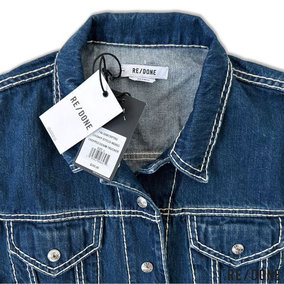 RE/ DONE **NWT** Cropped Chunky Stitch 'Trucker' Indigo Denim Jacket - Picture 16 of 16